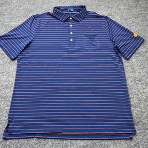 Stitch‎ Golf Mens XL Polo Shirt Navy Blue Orange Striped Short Sleeve LA Logo